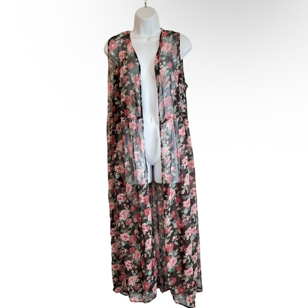 NWT Cecico Floral Open Front Sheer Cardigan Duster  SzL Cottagecore Lagenlook